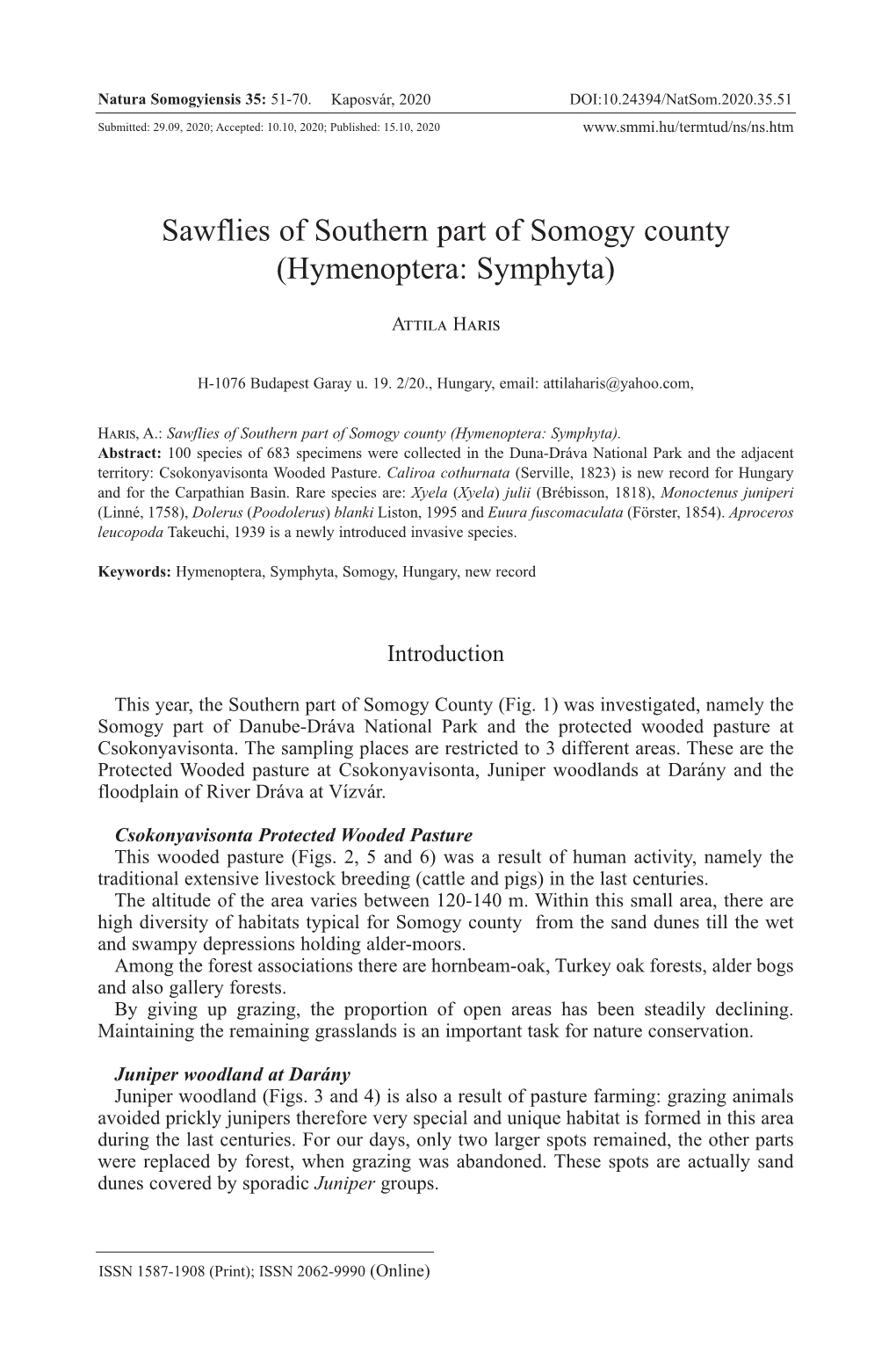 Sawflies of Southern Part of Somogy County (Hymenoptera: Symphyta)