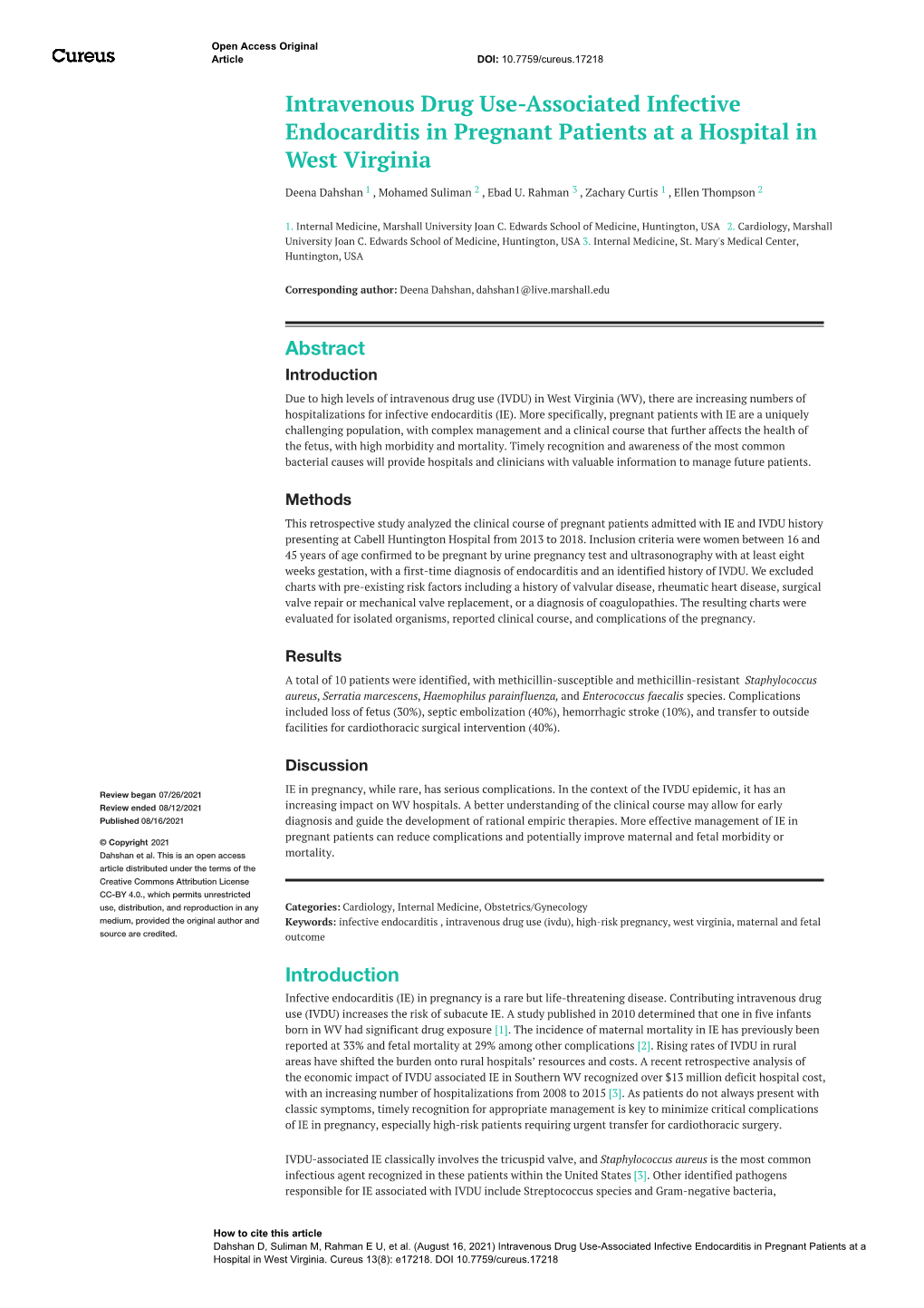 Intravenous Drug Use-Associated Infective Endocarditis in Pregnant Patients at a Hospital in West Virginia