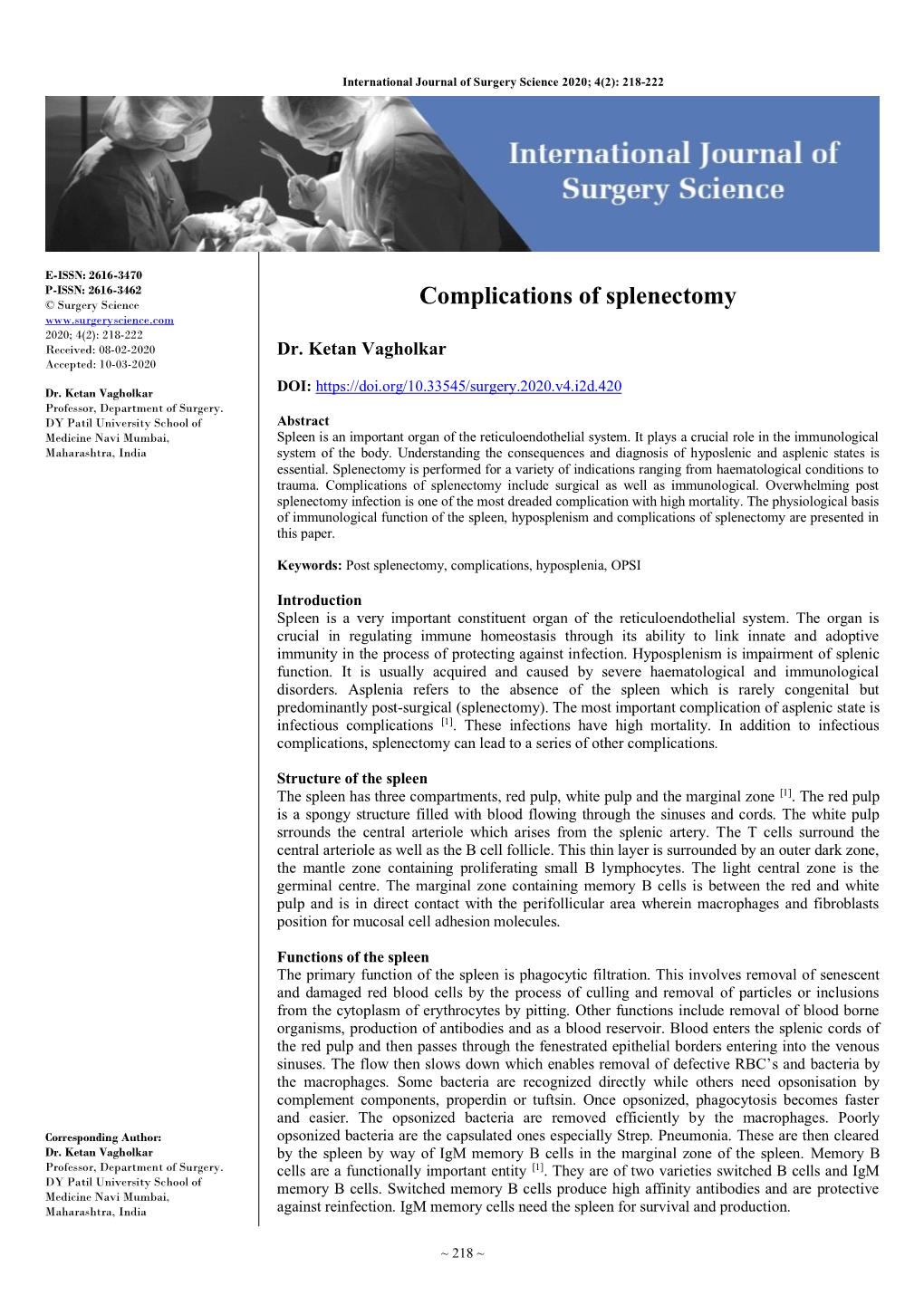 Complications of Splenectomy 2020; 4(2): 218-222 Received: 08-02-2020 Dr