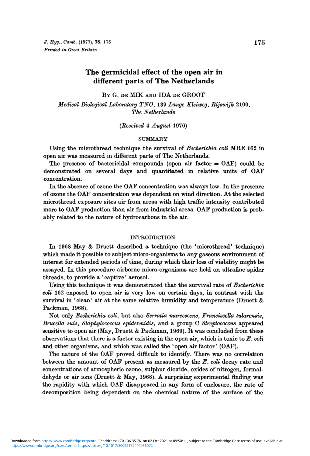 The Germicidal Effect of the Open Air in Different Parts of the Netherlands