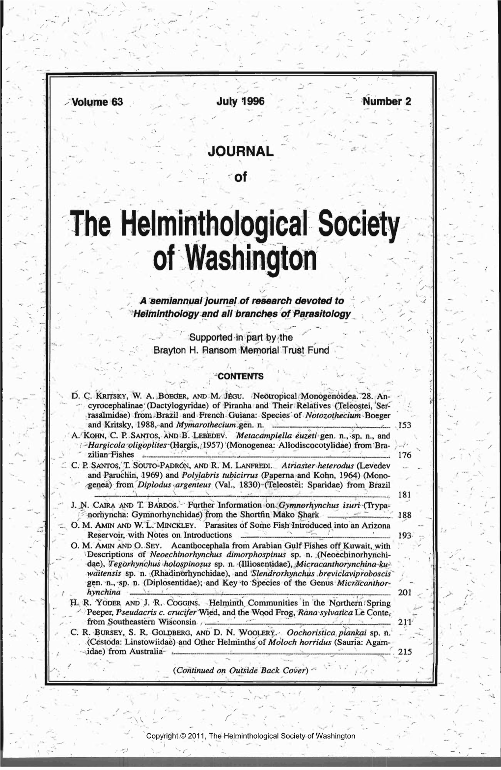 Journal of the Helminthological Society of Washington 63(2) 1996
