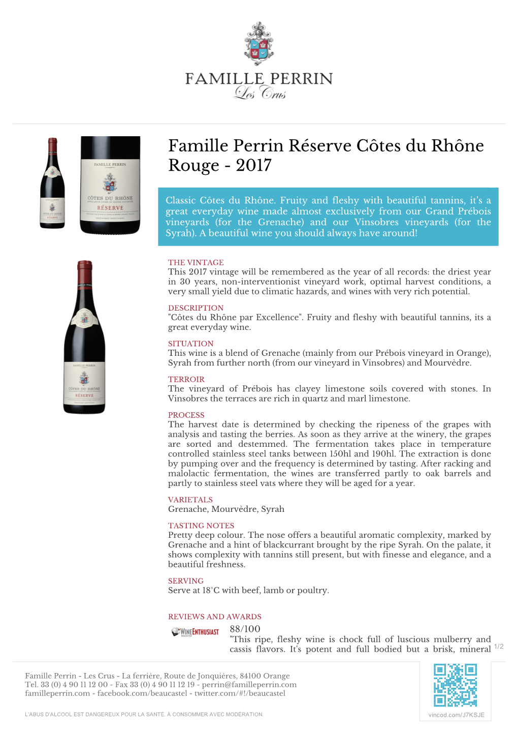 Famille Perrin Réserve Côtes Du Rhône Rouge - 2017