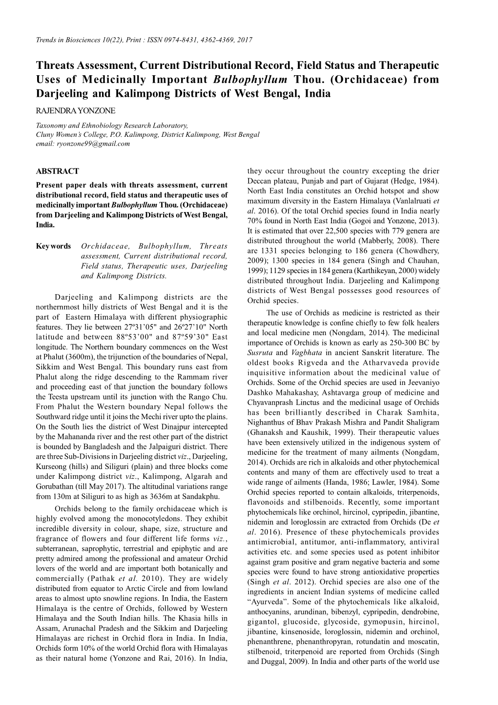 Threats Assessment, Current Distributional Record, Field Status and Therapeutic Uses of Medicinally Important Bulbophyllum Thou