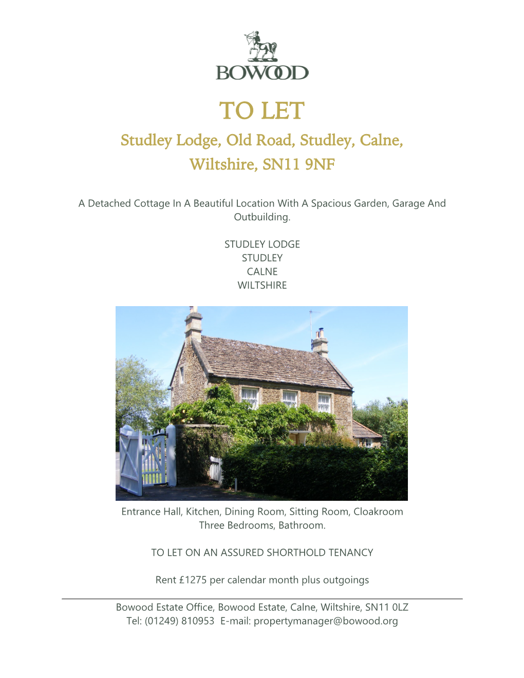 TO LET Studley Lodge, Old Road, Studley, Calne, Wiltshire, SN11 9NF