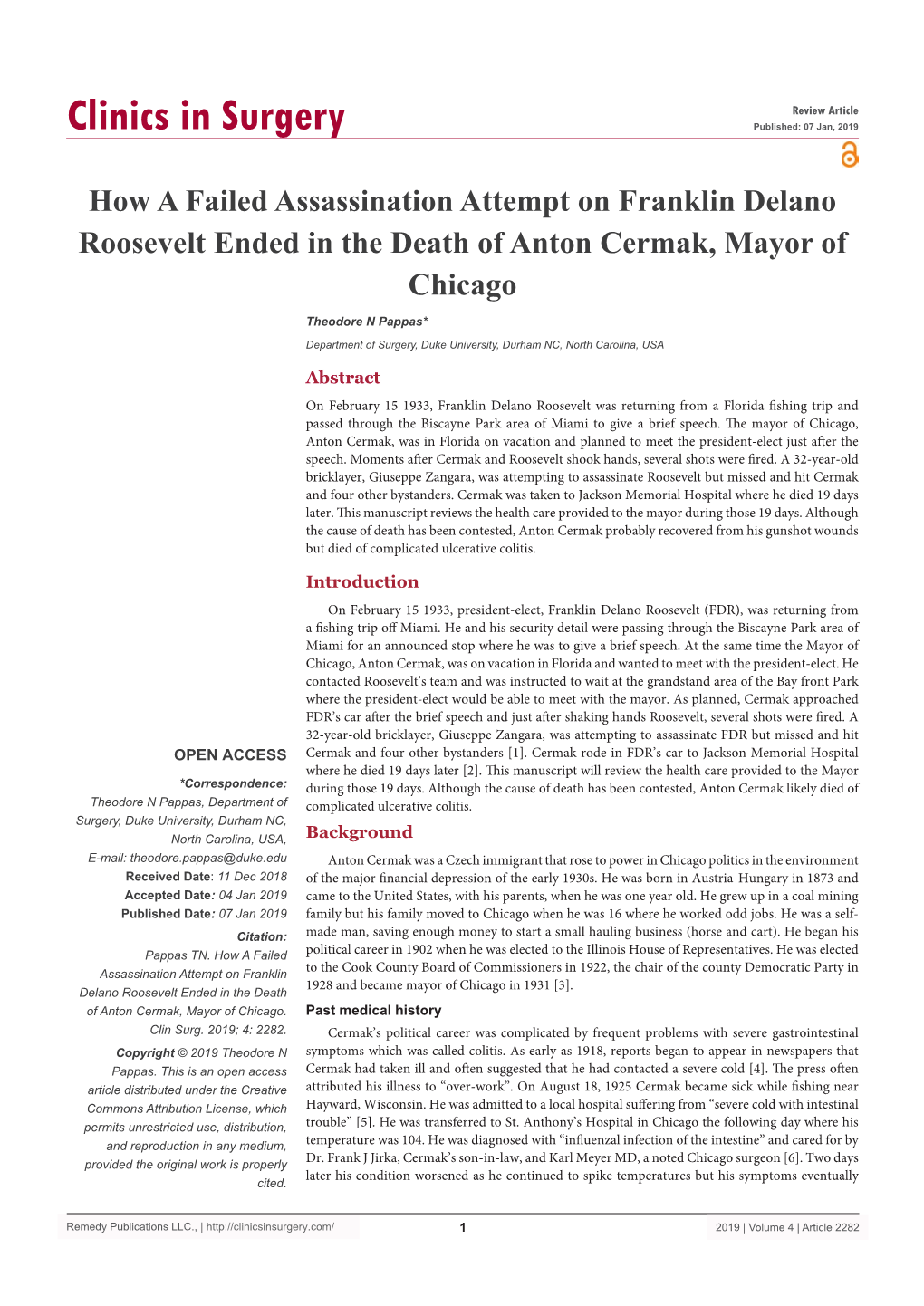 How a Failed Assassination Attempt on Franklin Delano Roosevelt Ended in the Death of Anton Cermak, Mayor of Chicago