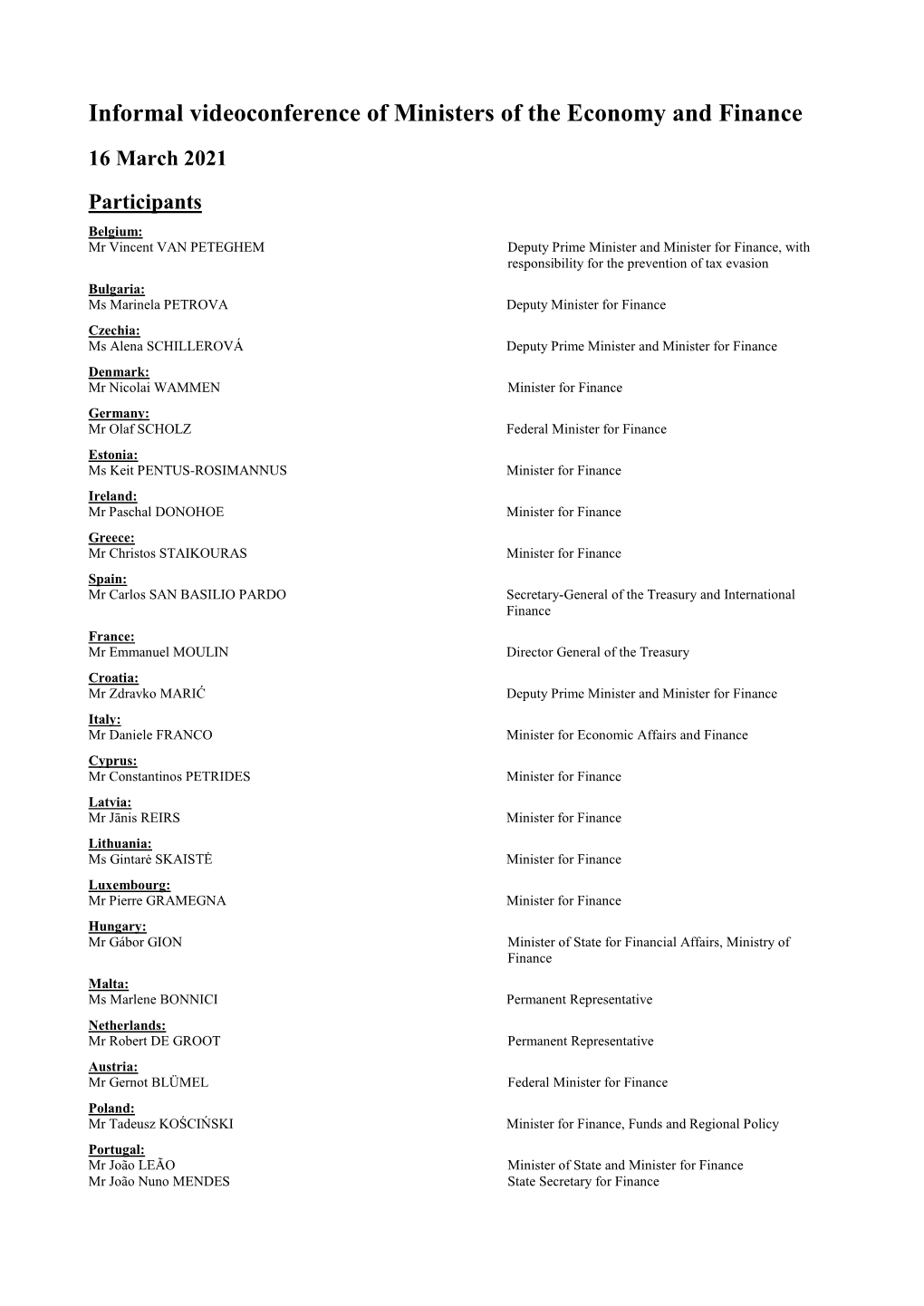 Informal Videoconference of Ministers of the Economy and Finance