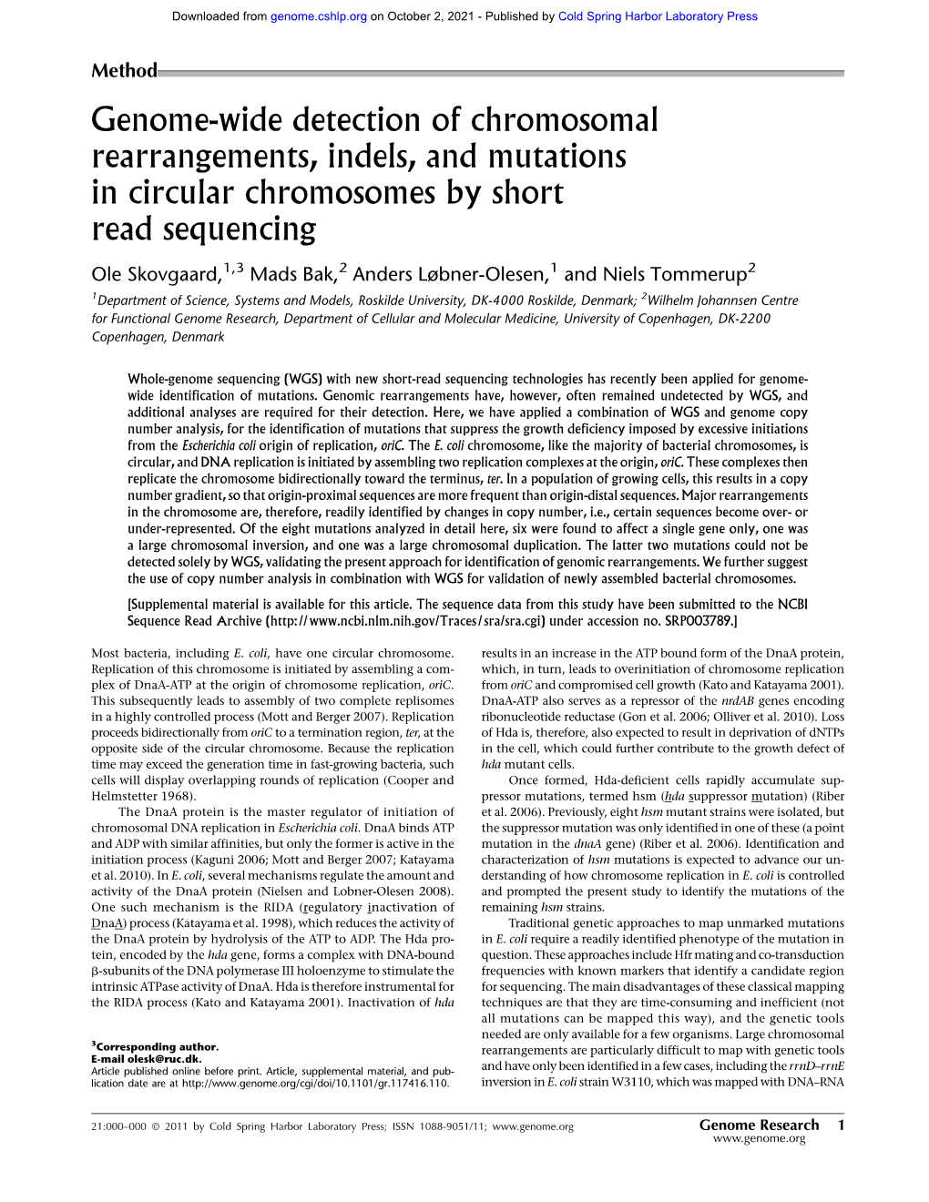 Genome-Wide Detection of Chromosomal Rearrangements, Indels, and Mutations in Circular Chromosomes by Short Read Sequencing