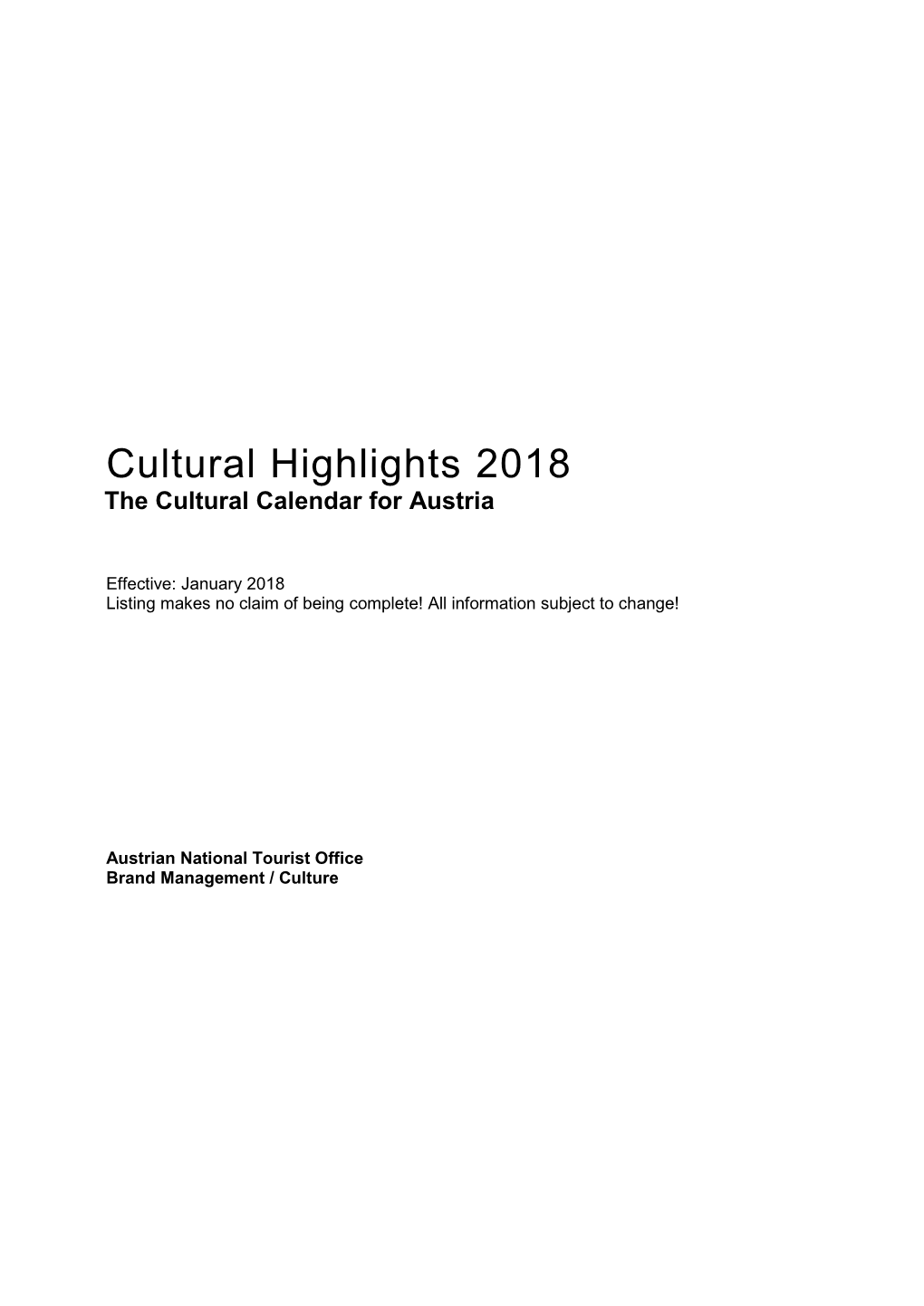 Cultural Highlights 2018 the Cultural Calendar for Austria