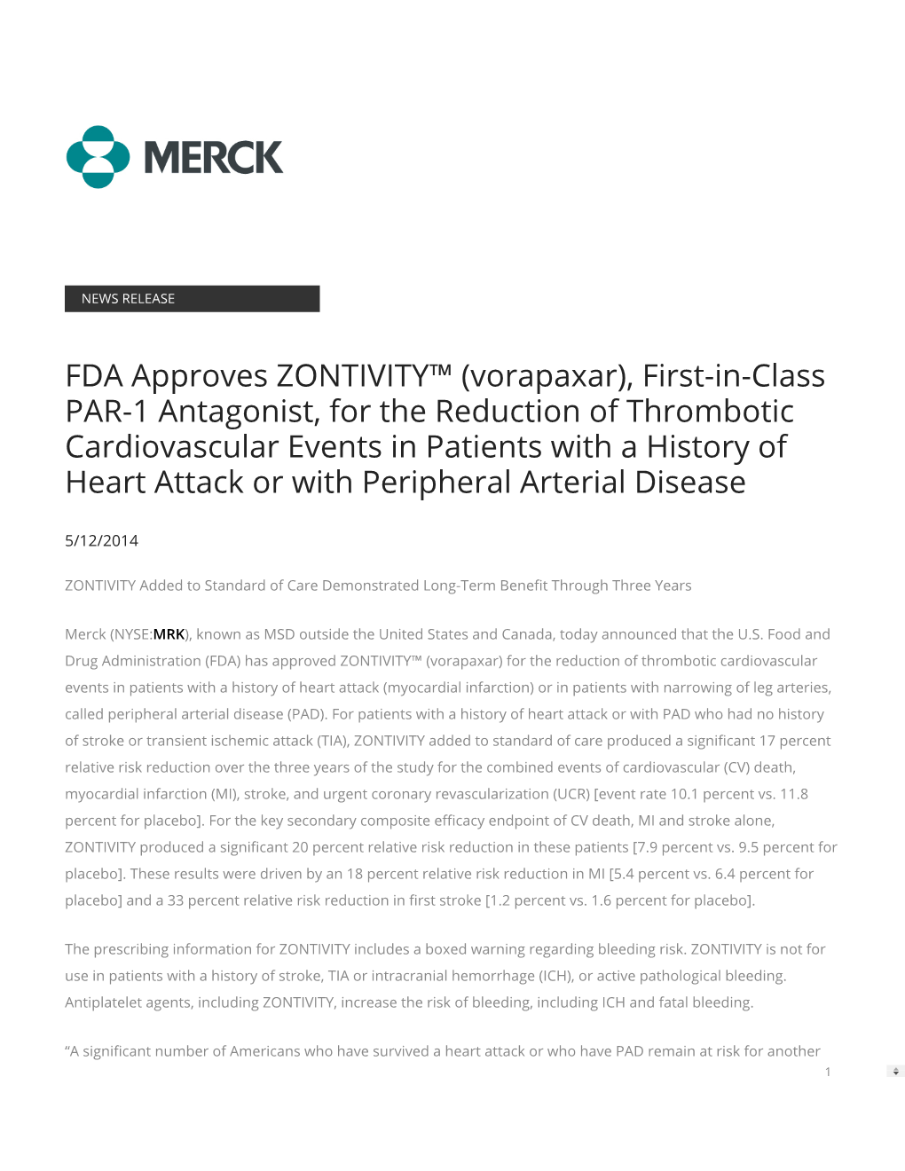 FDA Approves ZONTIVITY™ (Vorapaxar), First-In-Class PAR-1