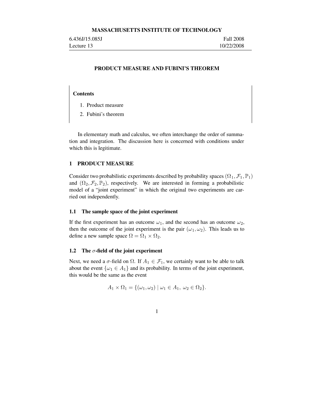 6.436J Lecture 13: Product Measure and Fubini's Theorem