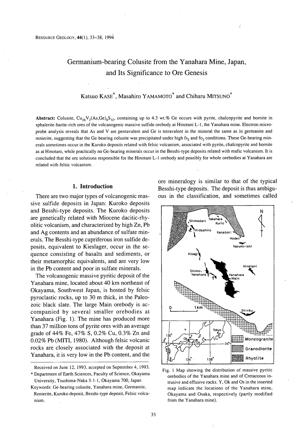 Germanium-Bearing Colusite from the Yanahara Mine, Japan, and Its Significance to Ore Genesis