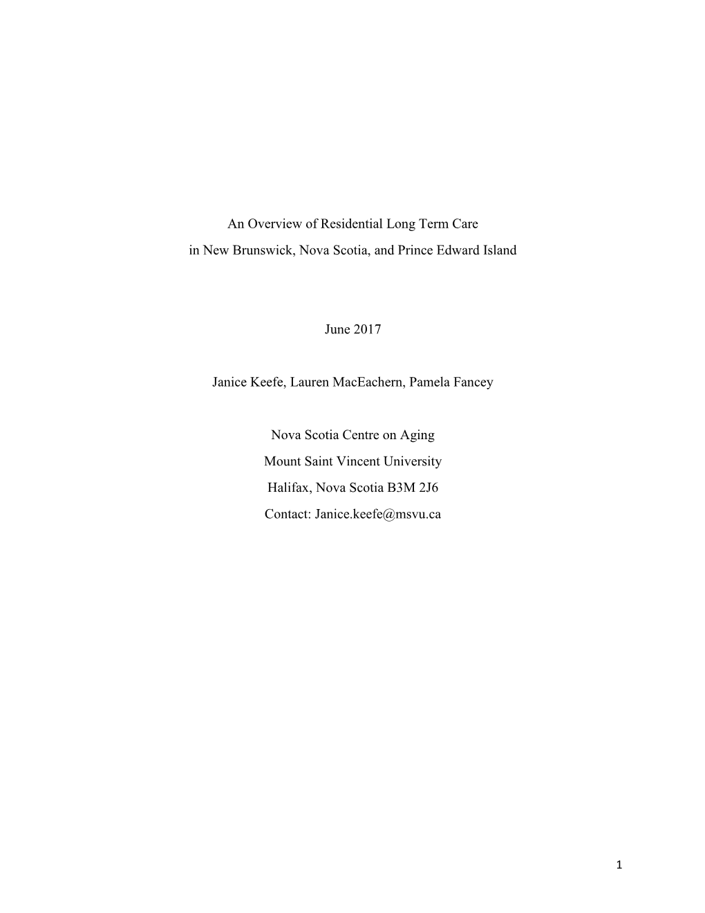 An Overview of Residential Long Term Care in New Brunswick, Nova Scotia, and Prince Edward Island