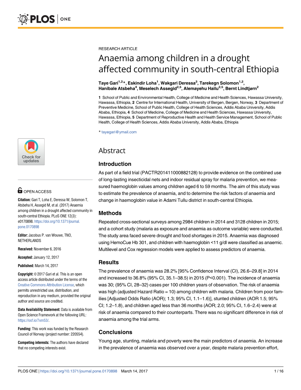 Anaemia Among Children in a Drought Affected Community in South-Central Ethiopia