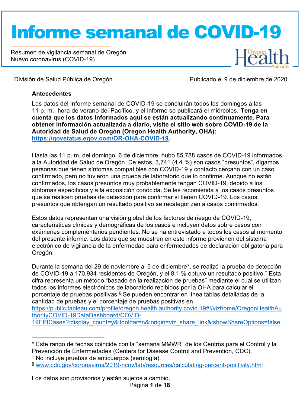 Oregon COVID-19 Weekly Report