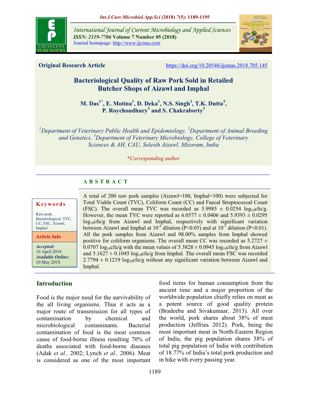 Bacteriological Quality of Raw Pork Sold in Retailed Butcher Shops of Aizawl and Imphal