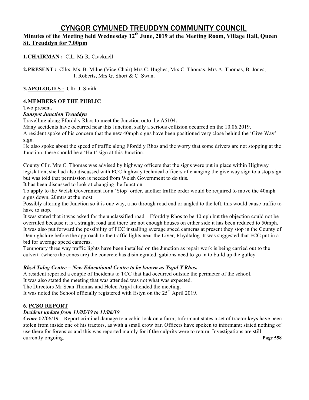 CYNGOR CYMUNED TREUDDYN COMMUNITY COUNCIL Minutes of the Meeting Held Wednesday 12Th June, 2019 at the Meeting Room, Village Hall, Queen St