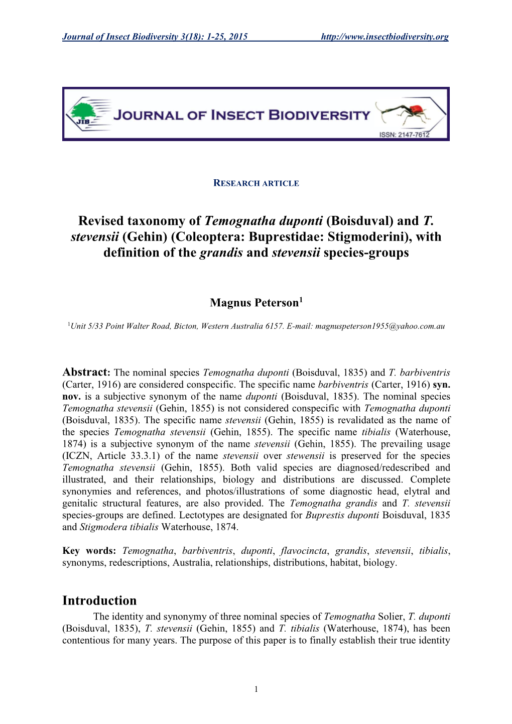 Revised Taxonomy of Temognatha Duponti (Boisduval) and T. Stevensii