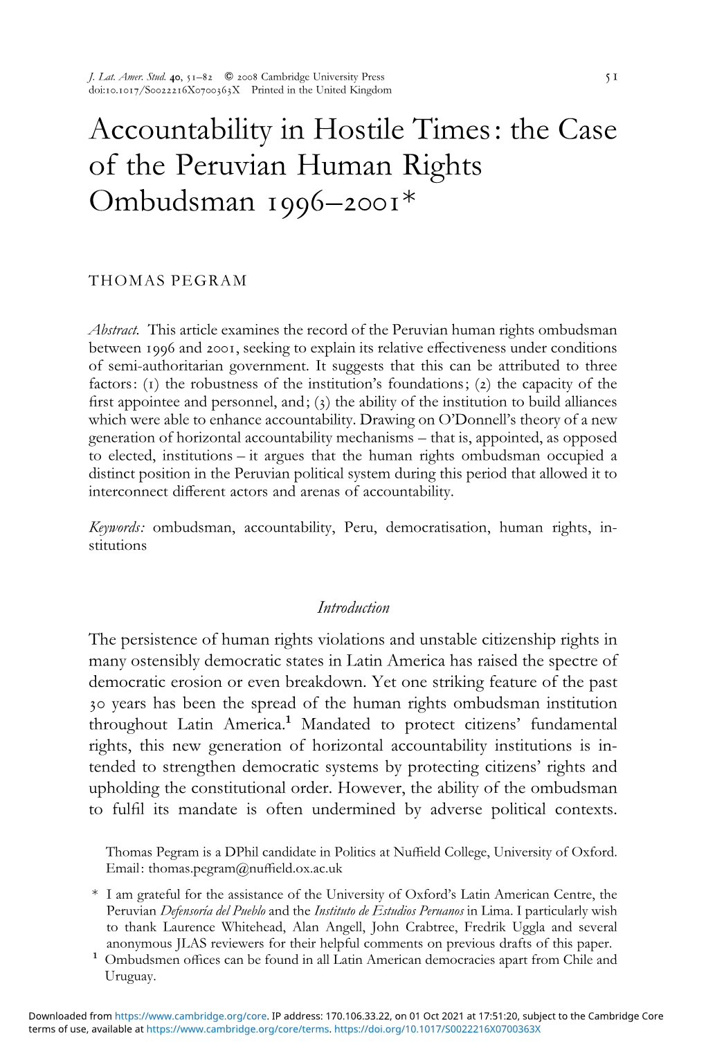 The Case of the Peruvian Human Rights Ombudsman 1996–2001*