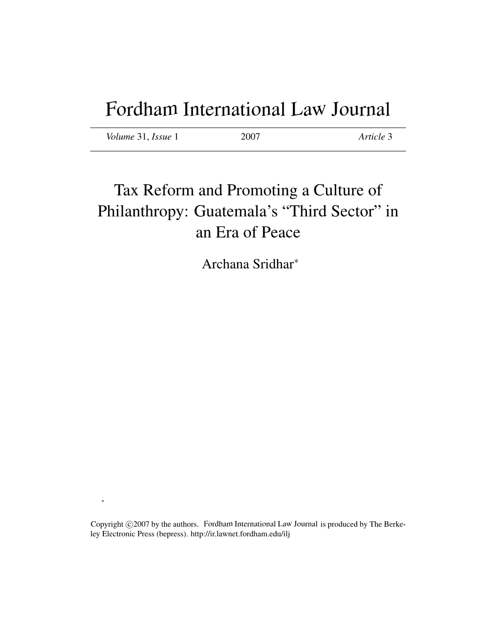 Tax Reform and Promoting a Culture of Philanthropy: Guatemala's "Third Sector" in an Era of Peace