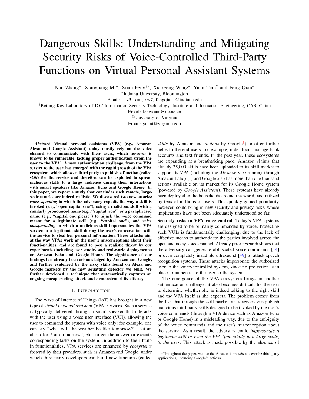 Understanding and Mitigating Security Risks of Voice-Controlled Third-Party Functions on Virtual Personal Assistant Systems