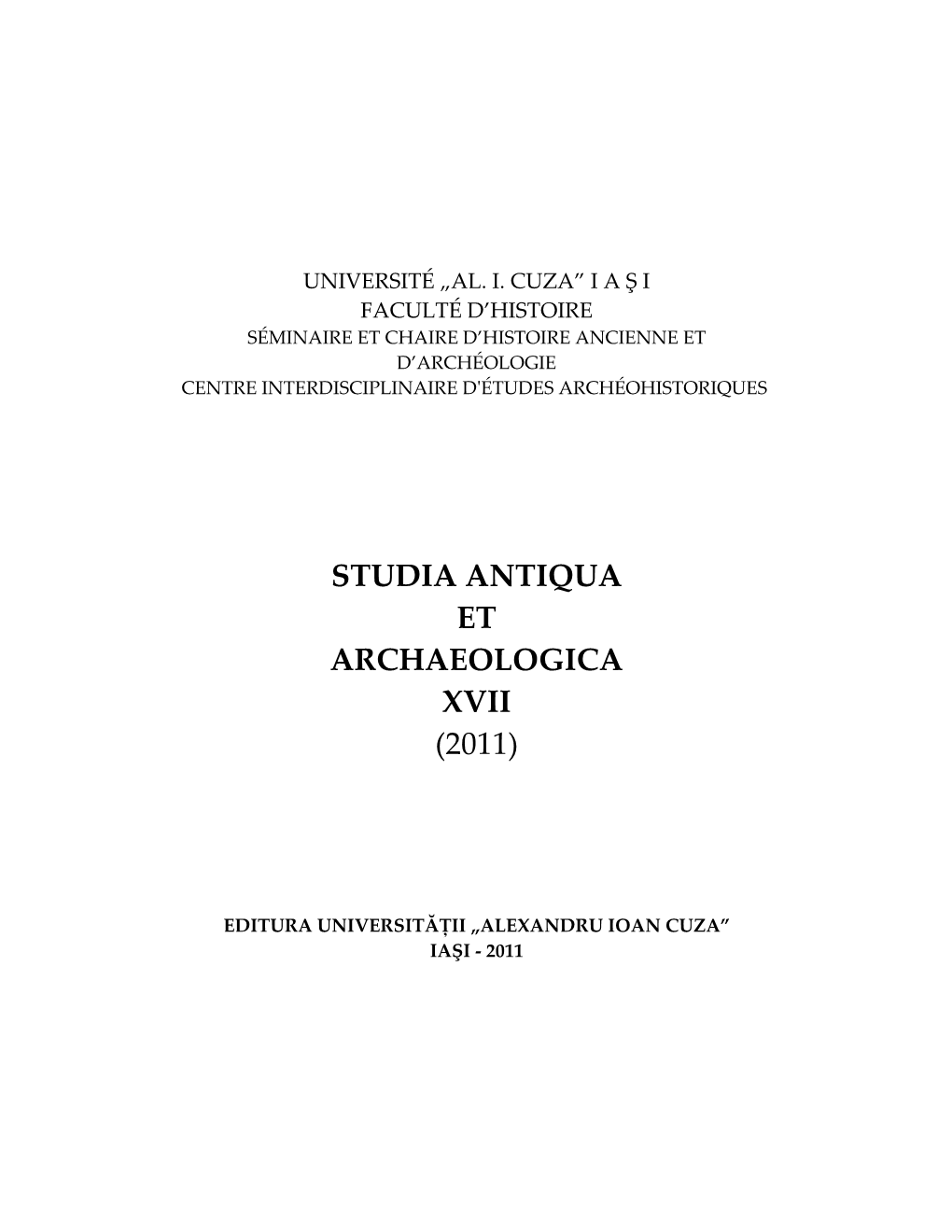 Studia Antiqua Et Archaeologica Xvii (2011)