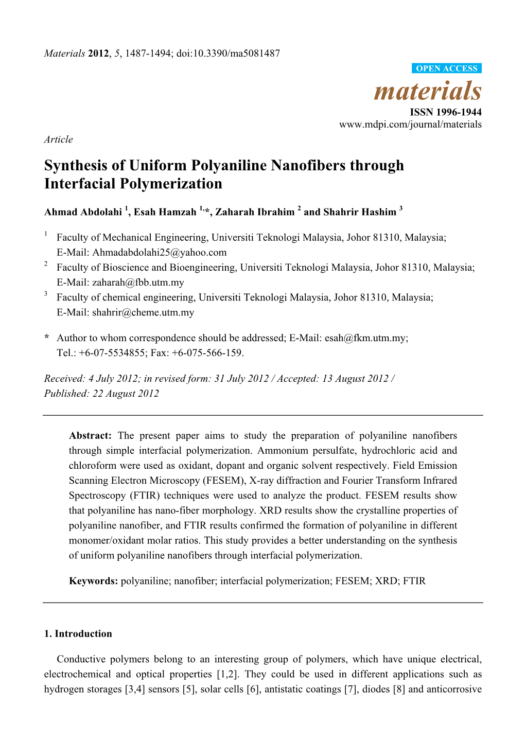 Synthesis of Uniform Polyaniline Nanofibers Through Interfacial Polymerization