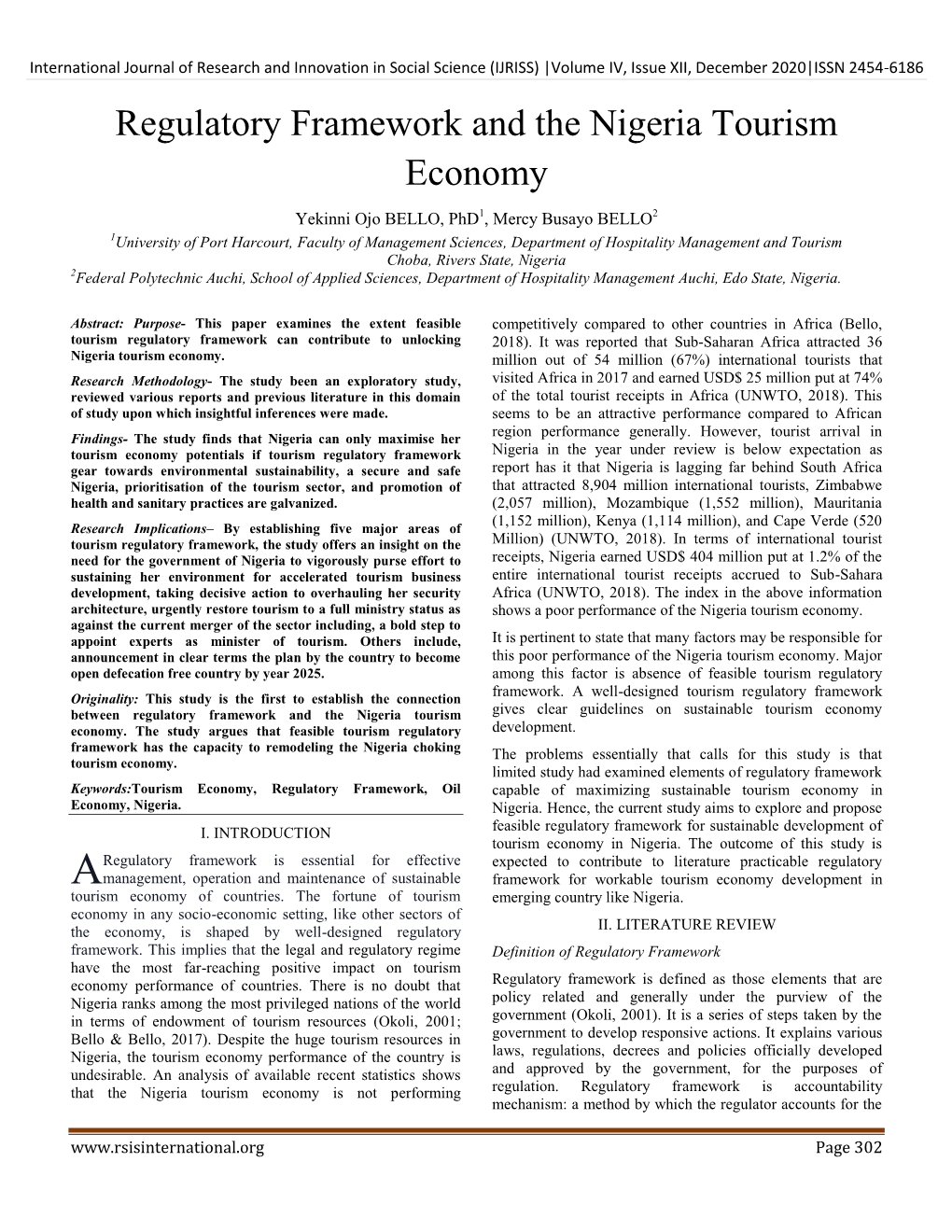 Regulatory Framework and the Nigeria Tourism Economy