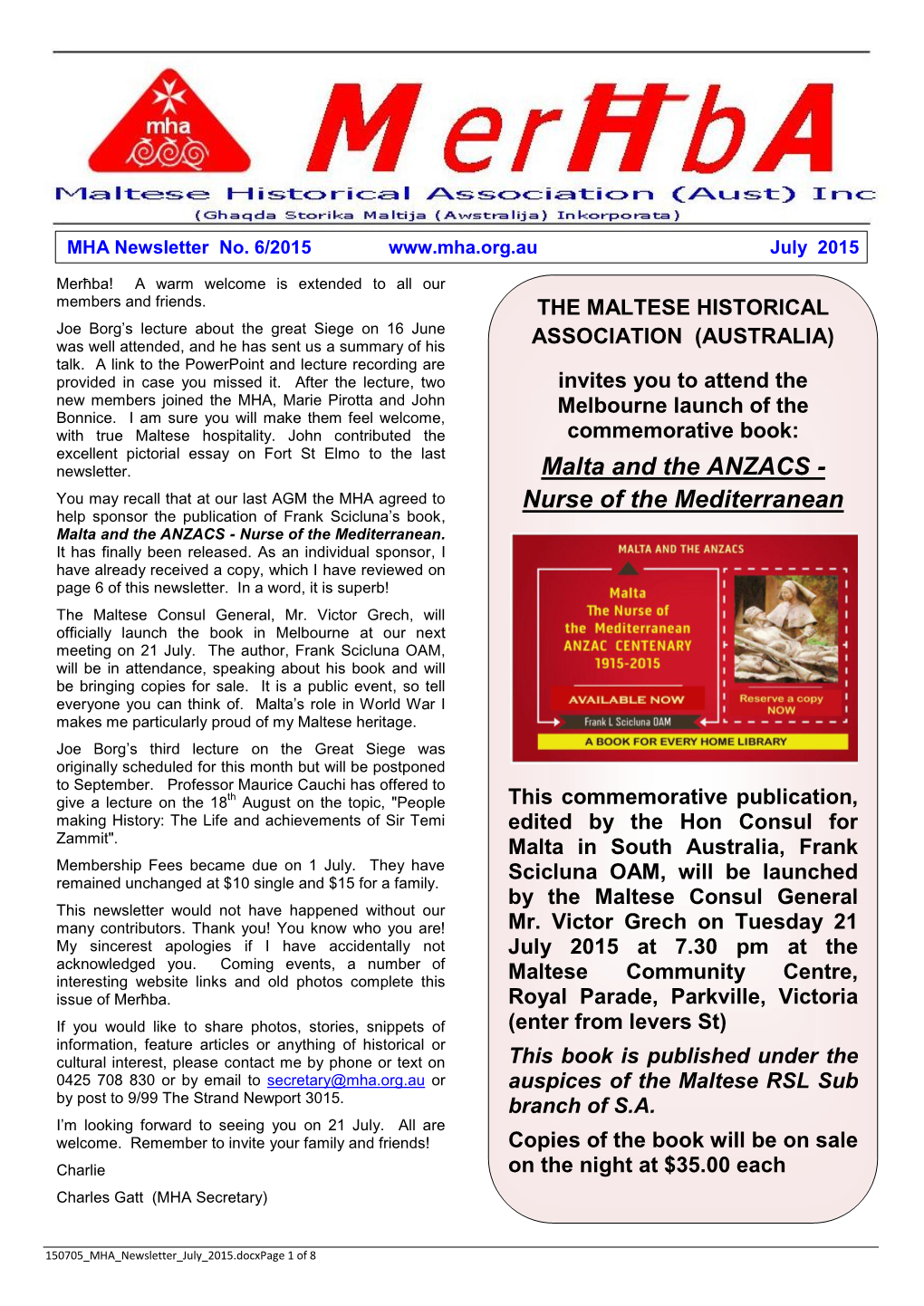 MHA Newsletter July 2015