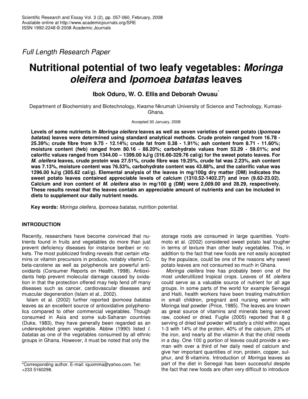 Moringa Oleifera and Ipomoea Batatas Leaves