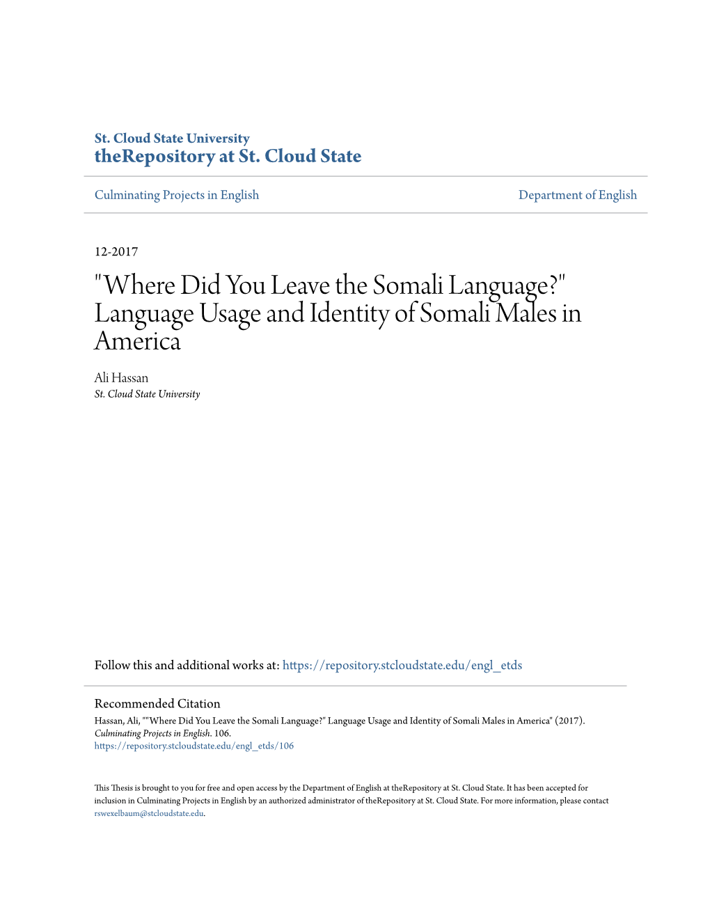 Language Usage and Identity of Somali Males in America Ali Hassan St