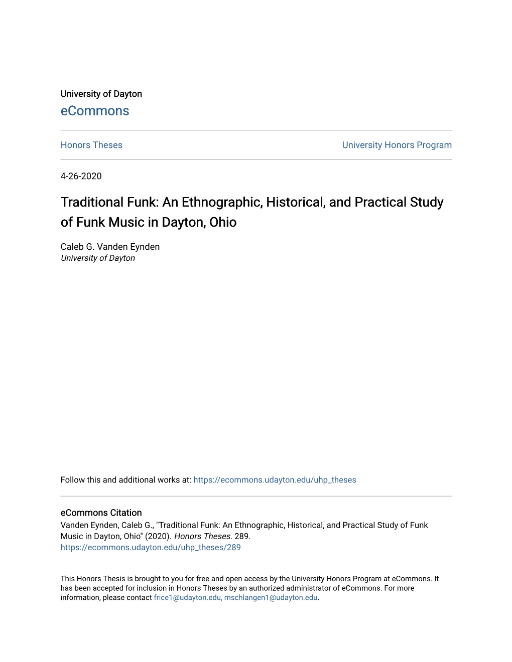 Traditional Funk: an Ethnographic, Historical, and Practical Study of Funk Music in Dayton, Ohio