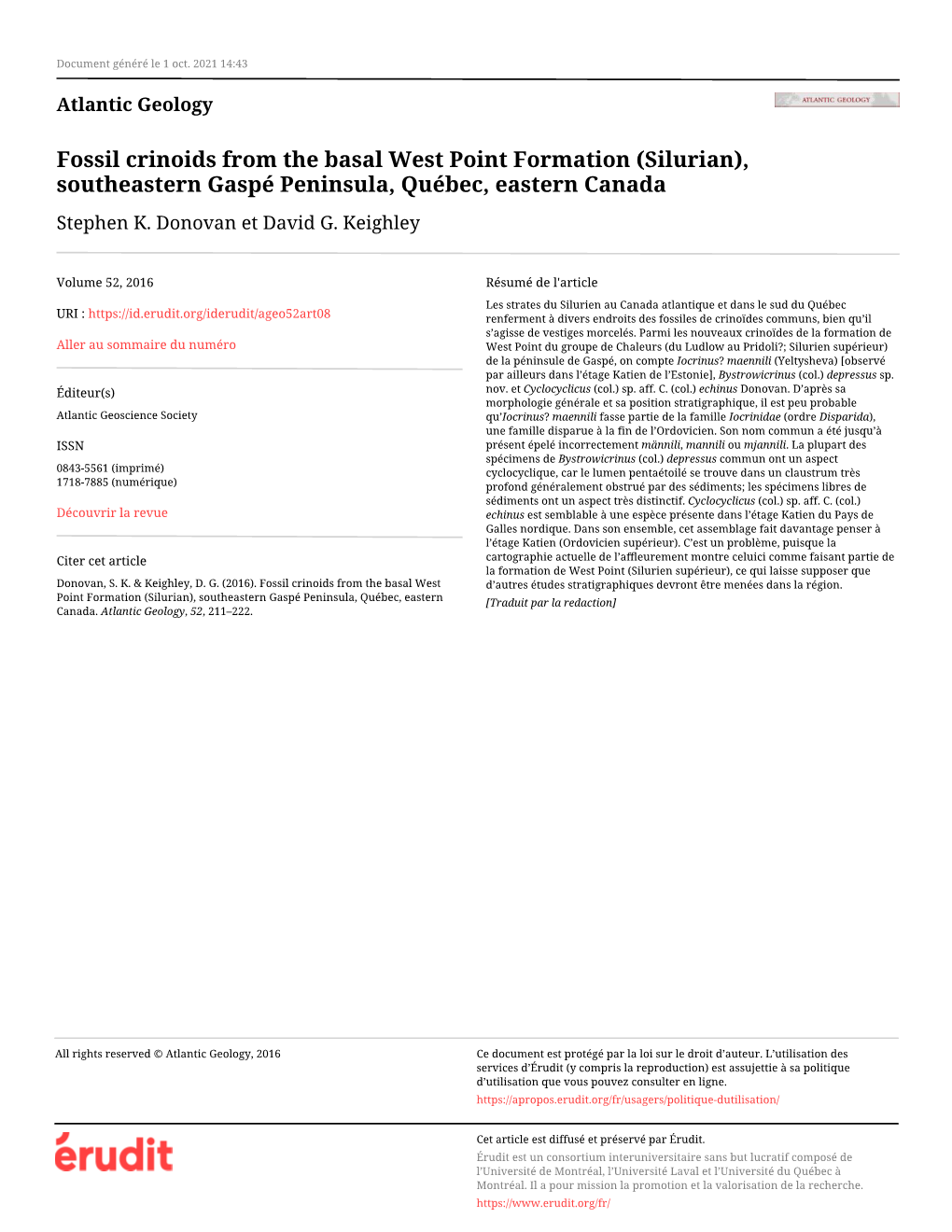 Fossil Crinoids from the Basal West Point Formation (Silurian), Southeastern Gaspé Peninsula, Québec, Eastern Canada Stephen K