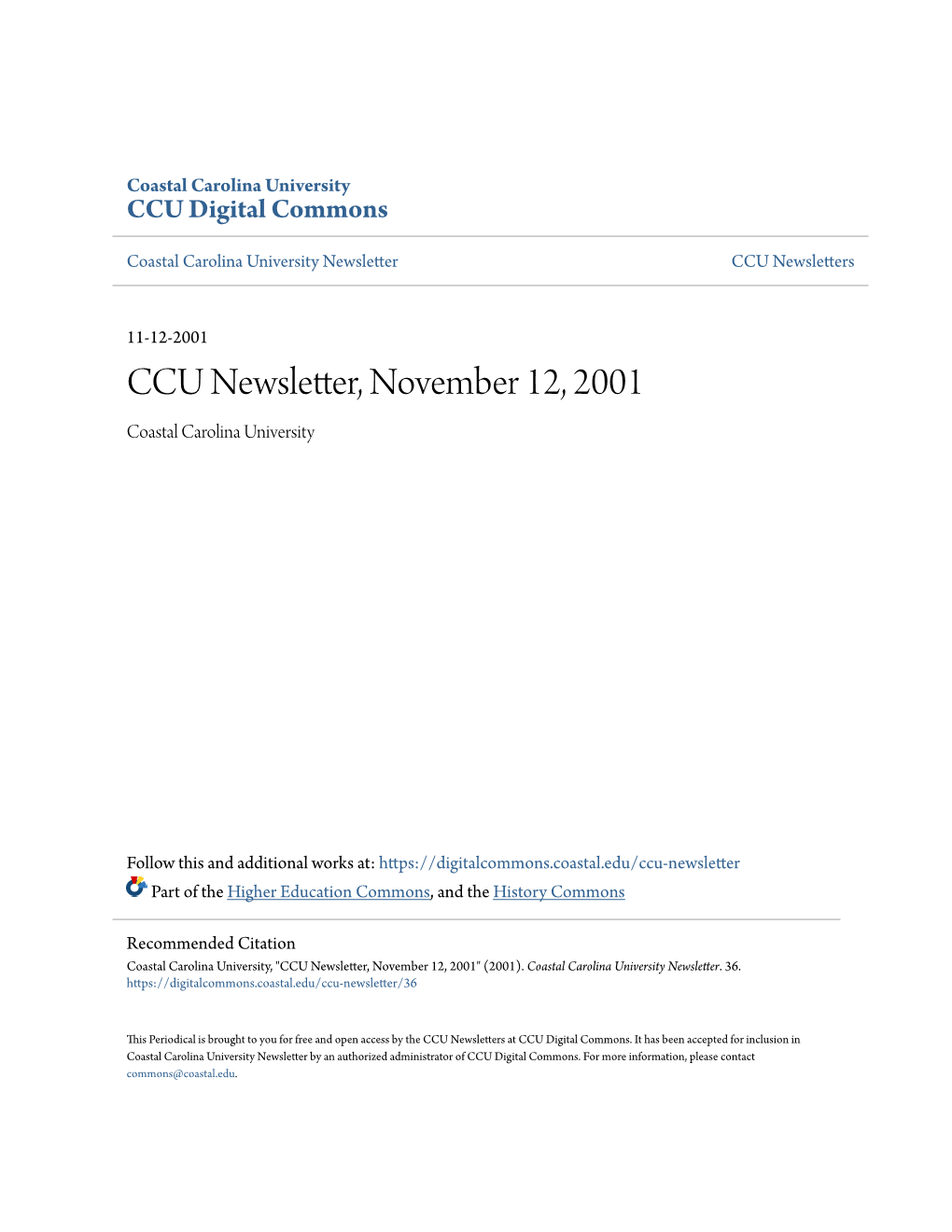 CCU Newsletter, November 12, 2001 Coastal Carolina University