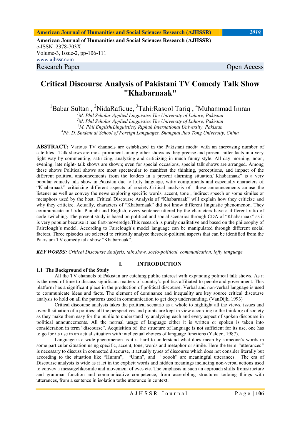 Critical Discourse Analysis of Pakistani TV Comedy Talk Show "Khabarnaak"