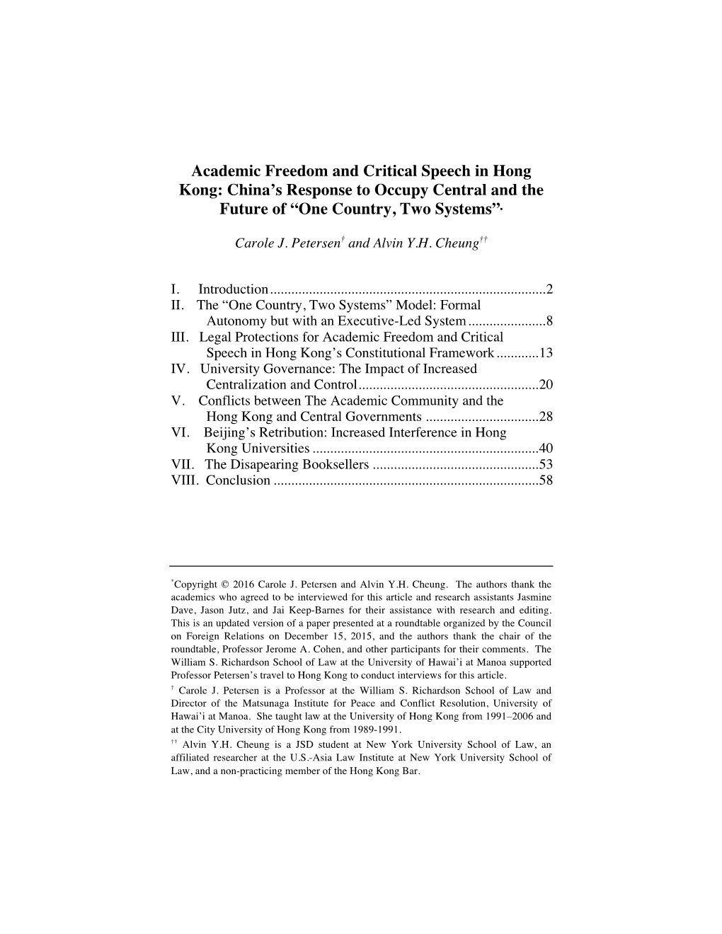 Academic Freedom and Critical Speech in Hong Kong: China’S Response to Occupy Central and the Future of “One Country, Two Systems”∗