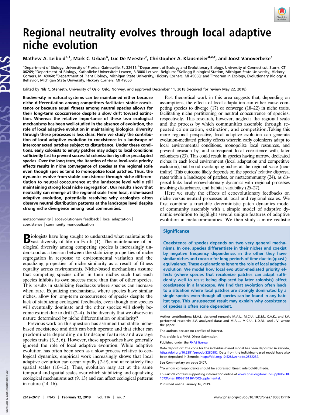 Regional Neutrality Evolves Through Local Adaptive Niche Evolution