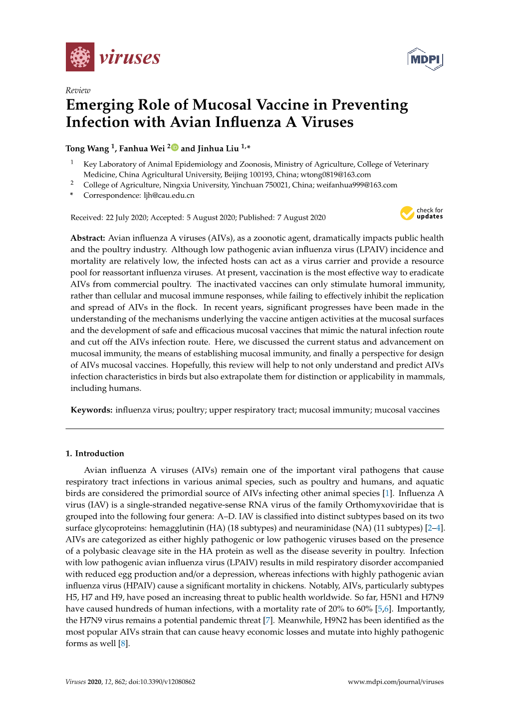 Emerging Role of Mucosal Vaccine in Preventing Infection with Avian Influenza a Viruses