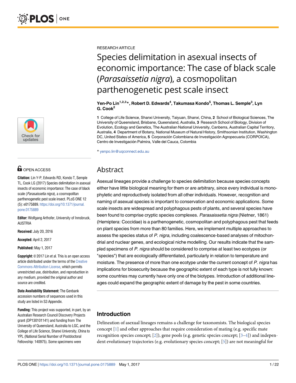 Species Delimitation in Asexual Insects of Economic Importance: the Case of Black Scale (Parasaissetia Nigra), a Cosmopolitan Parthenogenetic Pest Scale Insect