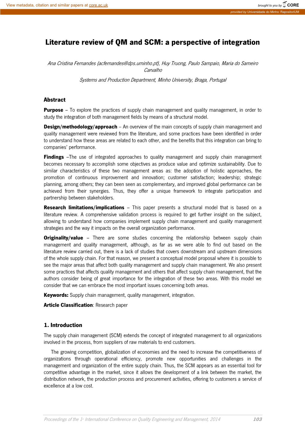 Literature Review of QM and SCM: a Perspective of Integration