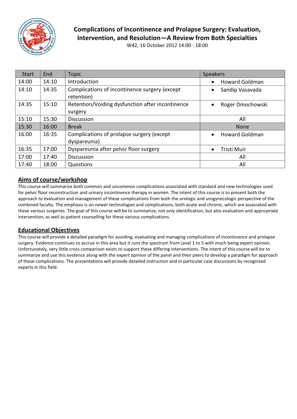 Complications of Incontinence and Prolapse Surgery: Evaluation, Intervention, and Resolution—A Review from Both Specialties W42, 16 October 2012 14:00 - 18:00