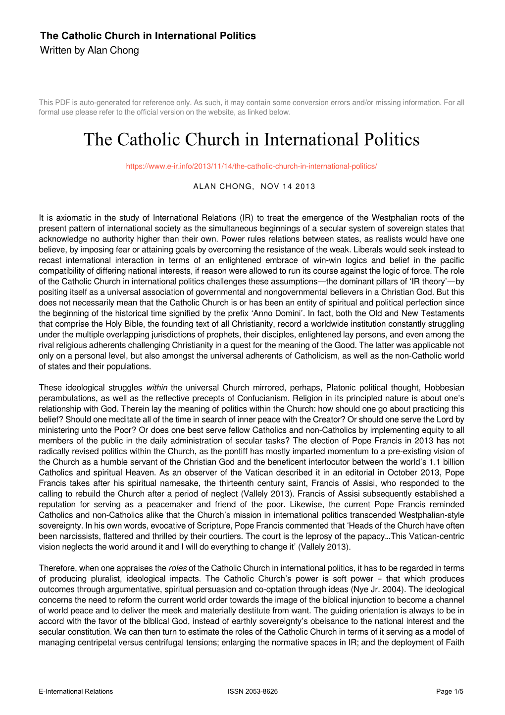 The Catholic Church in International Politics Written by Alan Chong