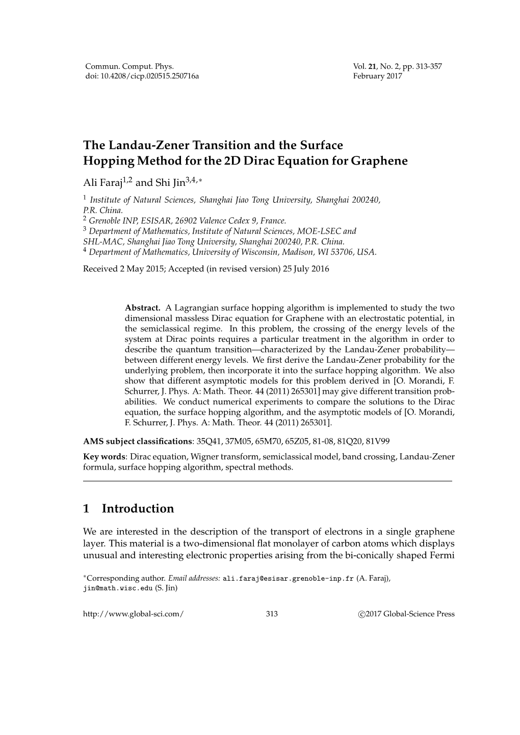The Landau-Zener Transition and the Surface Hopping Method for the 2D Dirac Equation for Graphene