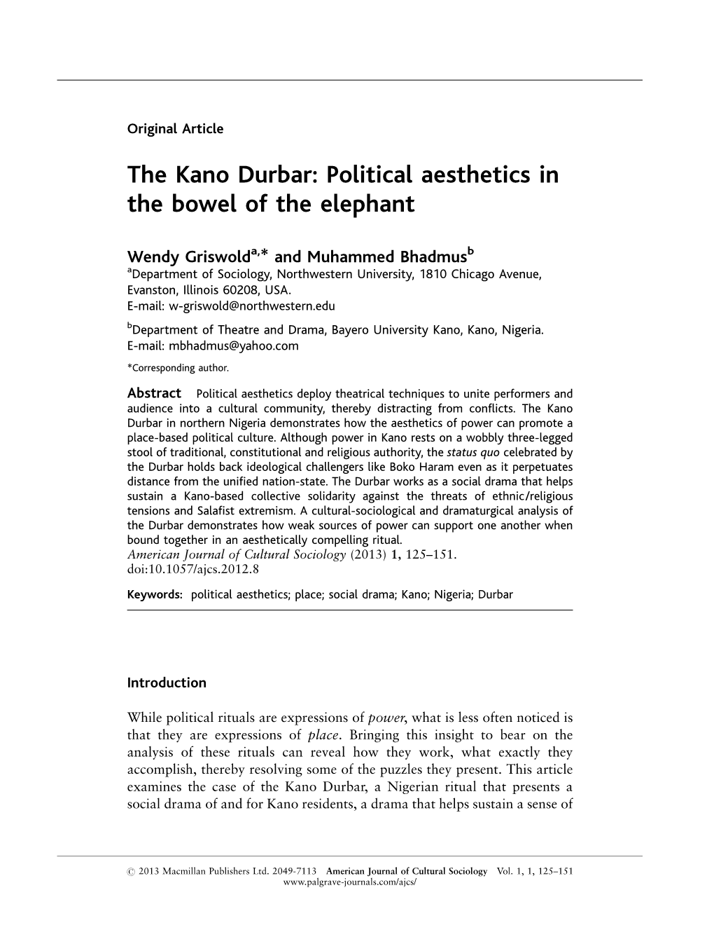 The Kano Durbar: Political Aesthetics in the Bowel of the Elephant