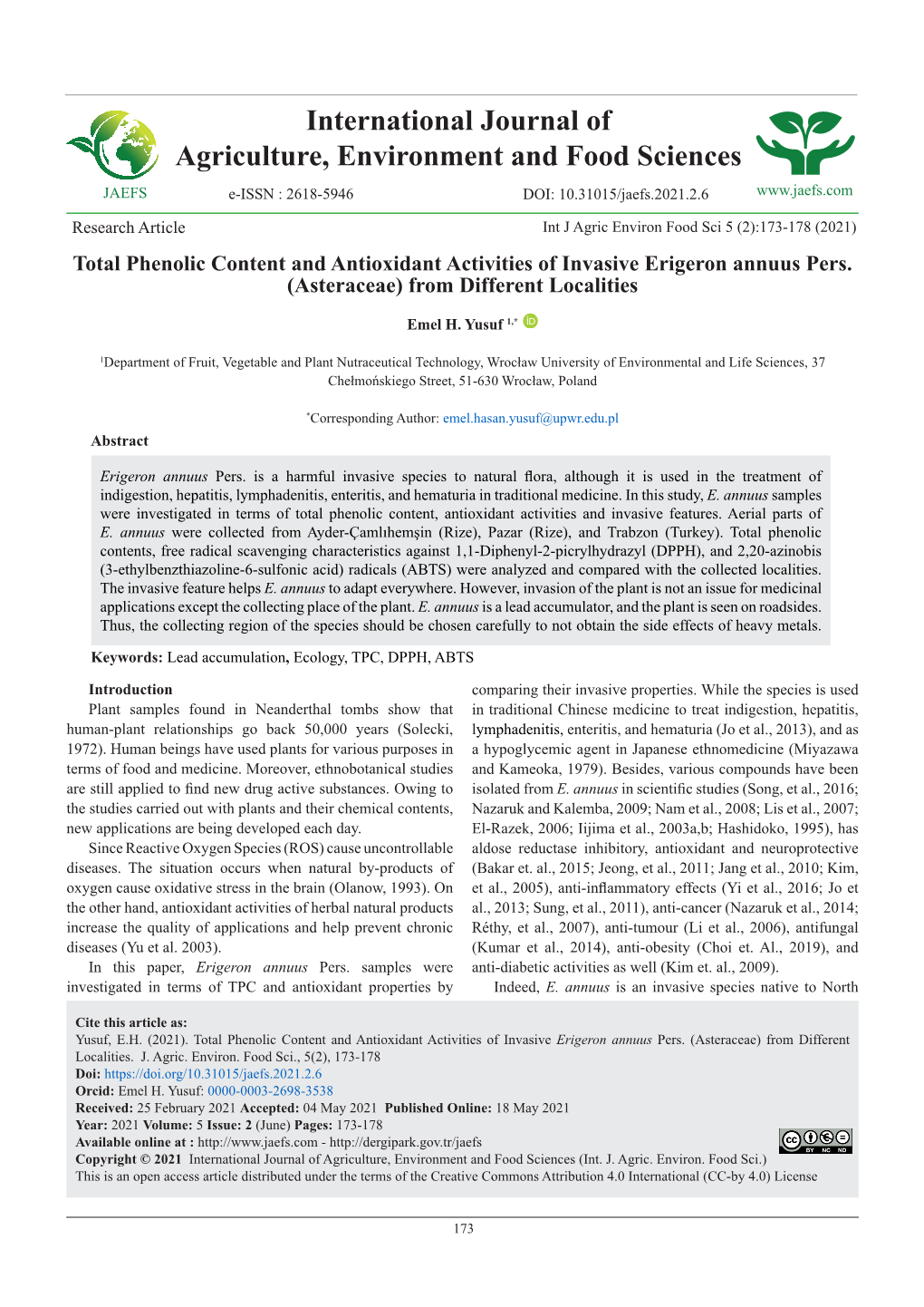 Total Phenolic Content and Antioxidant Activities of Invasive Erigeron Annuus Pers