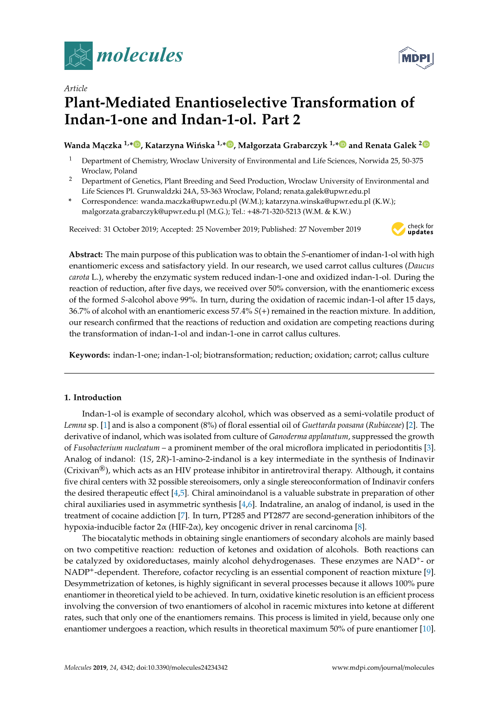 Plant-Mediated Enantioselective Transformation of Indan-1-One and Indan-1-Ol. Part 2