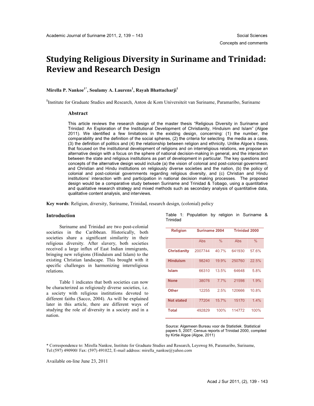 Studying Religious Diversity in Suriname and Trinidad: Review and Research Design