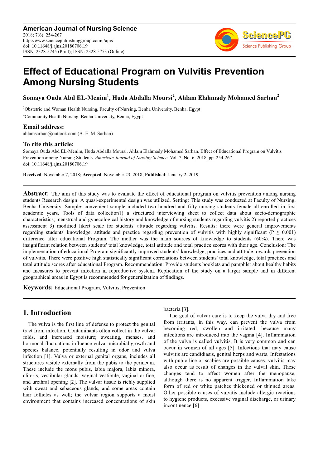 Effect of Educational Program on Vulvitis Prevention Among Nursing Students