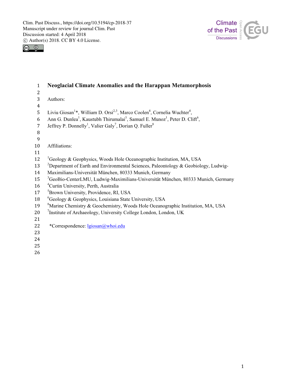 Neoglacial Climate Anomalies and the Harappan Metamorphosis 2 3 Authors: 4 5 Liviu Giosan1*, William D