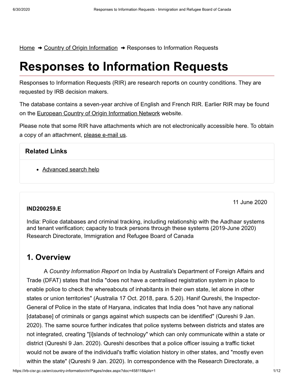 India: Police Databases and Criminal Tracking, Including Relationship with the Aadhaar Systems and Tenant Verification