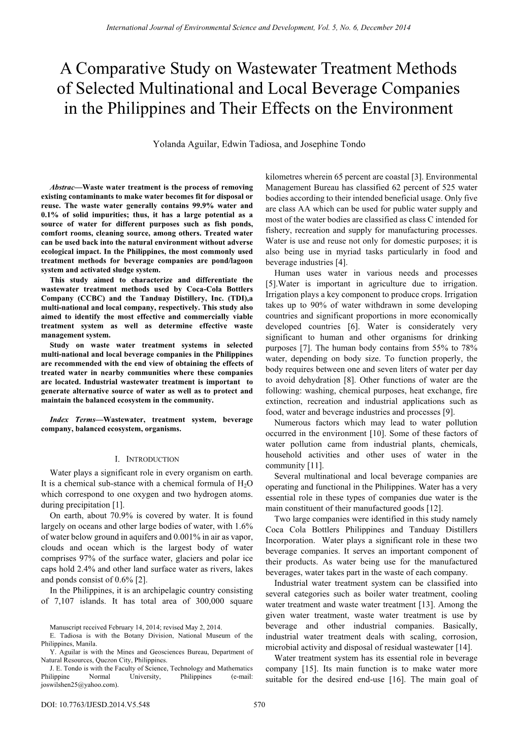 A Comparative Study on Wastewater Treatment Methods of Selected Multinational and Local Beverage Companies in the Philippines and Their Effects on the Environment